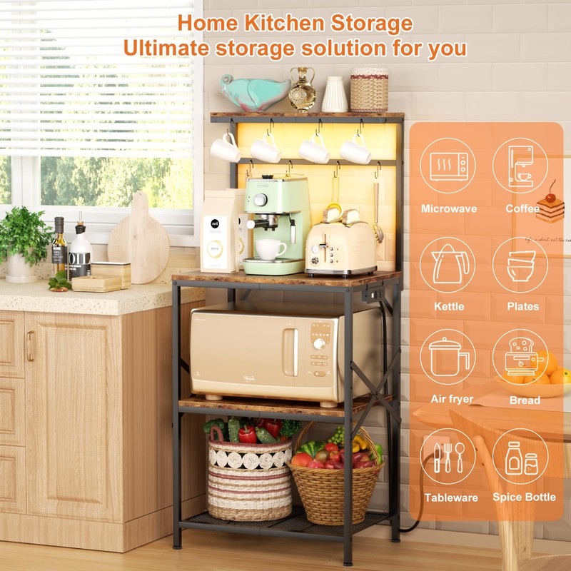 Kitchen Bakers Rack with Power Outlet & LED Lights, Small