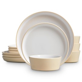 JoDeVi Stoneware Dinnerware Set for 4(12Pcs) – Microwave & Dishwasher Safe Plates and Bowls with Reactive Glaze – Rustic Farmhouse Modern Design for Everyday Dining, Wedding & Outdoor - Light Beige