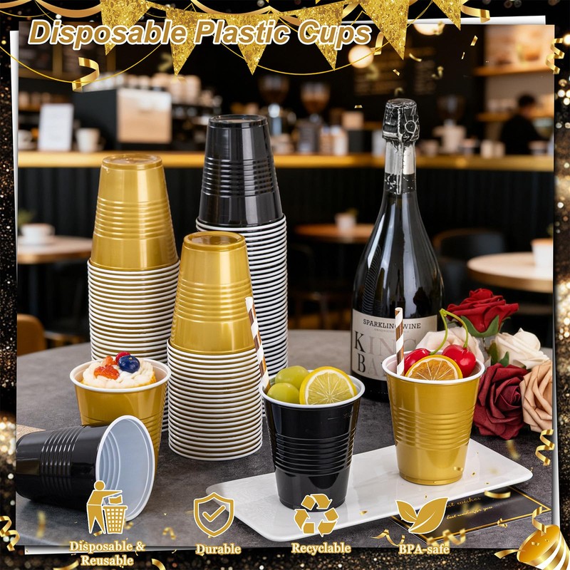 12 oz Disposable Plastic Cups – Black & Gold 2-Color