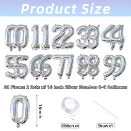 20 Pieces 2 Sets of 16 Inch Silver Number 0-9 Balloons – Foil Mylar Balloons for Custom Number Decorations, Birthday, Anniversary, Graduation, New Year, and DIY Party Decor