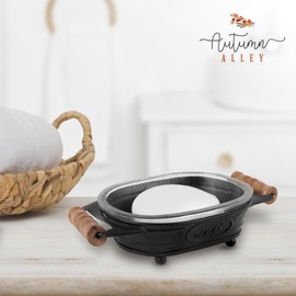 Autumn Alley Black Farmhouse Soap Dish for Bathroom – Fun Kitchen Soap Tray – Farmhouse Bathroom Accessories – Rustic Soap Dish – Wooden Handles Add Vintage Appeal – Cute Bathtub Decor