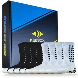 4 Pairs KEESOX Anti Slip Soccer Socks/Non Slipping Basketball Socks/Sport Athletic Grip Socks, 4 White