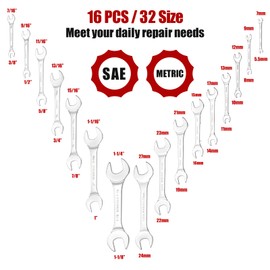 RIMKOLO Super-Thin Open End Wrench Set, 16-Piece SAE & Metric 3/8" to 1-1/4" and 5.5mm to 27mm Chrome Vanadium Steel Wrench Set with Rolling Pouch