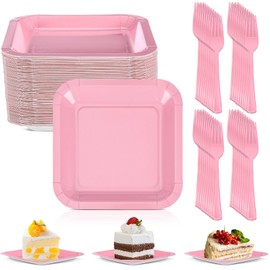 Dandat 100 Pcs 7 In Square Disposable Paper Plates with 7.28 In Plastic Forks Metallic Foil Paper Dessert Plates Utensils Set for Kids Birthday Party Supplies Wedding (Pink)