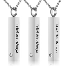 3 Pack Urn Necklace for Ashes Memorial Cremation Jewelry for Ashes, CZ Bar Silver Urn Locket for Ashes Stainless Steel Urns Pendant Keepsake Jewelry with Words: With Me Always & Funnel Kit & Bag