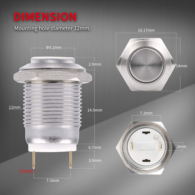 DaierTek 6pcs 12mm Momentary Push Button Switch 12V Waterproof Power