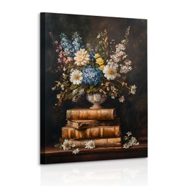 WLHARTT Vintage Flower Books Canvas Wall Art, Moody Books Still Life Pictures Rustic Antique Art Oil Painting Prints Dark Academia Floral Artwork for Bedroom Living Room Wall Decor Framed 12x16in