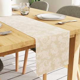 Encasa Dining Table Runner for 4 to 6 Seater I Size 13"x72" | - Floral Beige Jacquard Style Print on Homespun Cotton | Fast Colours, Machine Washable