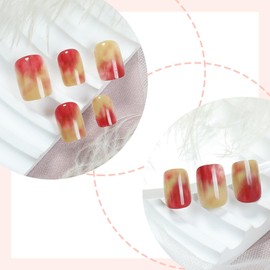 24Pcs Red Gradient Press on Nails Fig Design Gel Glue on Nail Yellow Ombre Acrylic Short Square Fake Nail Glossy Dark-Red French Tips False Nails Fruit Stick on Fingernails for Coquette Women Girls
