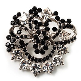 Black & White Diamante Corsage Brooch (Silver Tone)