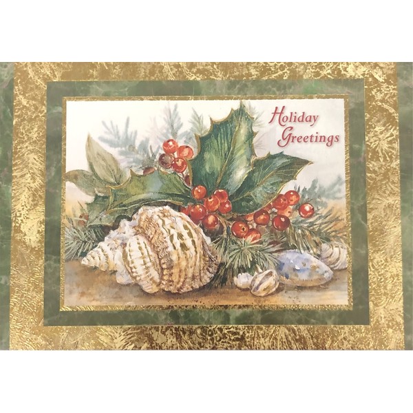 Designer Greetings Red Farm Studio - Boxed Christmas Cards Nautical/Coastal Design; Seashells and Holly (125-00823-000)