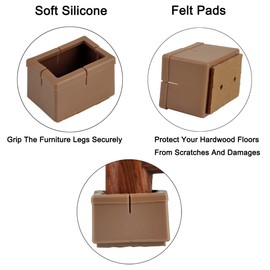 Chair Leg Floor Protectors, WarmHut 16pcs Brown Silicone Table Furniture Leg Feet Tips Covers Caps, Felt Pads, Prevent Scratches, Wood Floor Protector (Rectangular)