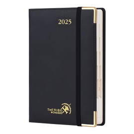POPRUN 2025 Daily Planner (A5 Size 5.5" x 8.5") One Page Per Day with Vegan Leather Hardcover Calendar - Agenda 2025 Hourly Appointment Book with Monthly Tabs, Inner Pocket - Black