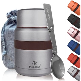 Mebanix Food Flask for Hot Food, Soup | 400ml Stainless Steel Double Walled Vacuum Insulated Leakproof Jar with Folding Spoon | BPA Free | 6 hrs hot 10 hrs cold | For Adults and Kids. Grey.