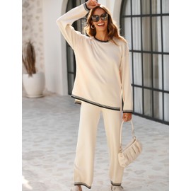 Lentta Women's 2 Piece Sweater Sets Outfits Long Sleeve Knit Pullover Tops Wide Leg Pants Lounge Sets Tracksuits(Beige-XL)