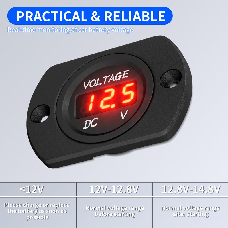 DaierTek Voltage Meter 12V Red Voltage Gauge Waterproof 12 Volt