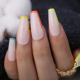 MqpQ Rainbow Press On Nails Medium Coffin Fake Nails Glossy Nude 24pc Full Cover False Nails For Women