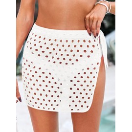 Saodimallsu - Falda de ganchillo para mujer 2024 con abertura en la cintura y lazo para playa, minifaldas, pareo, trajes de baño, Blanco, XX-Large
