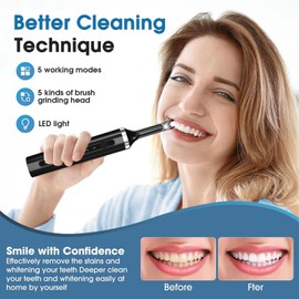 Tooth Polisher - Plaque Remover for Teeth Whitening Dental Tools Electric Tartar Polishing Teeth Cleaning Kit with LED Light 5 Speed Modes with 5 Replacement Brush Heads (Black)