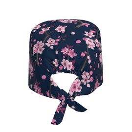 Japanese Cherry Blossom Flower Japan Floral Working Cap for Women, Scrub Cap with Sweatband Adjustable, Unisex Tie Back Hat, Nurse Surgical Caps