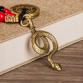 Mansiyuyee Brass Chinese Zodiac Snake Statue Keychain with 5 Feng Shui Coins, Zodiac Animal Charm Lucky Snake Key Ring