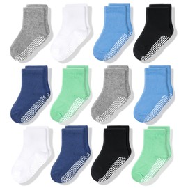 CozyWay Baby Non-Slip Crew Socks with Grips for Toddlers Little Boys Girls Toddlers Kids Non Slip Boys Plain with Green 12 Pairs 6-12 Months, Boys Plain Colours with Green 12 Pairs