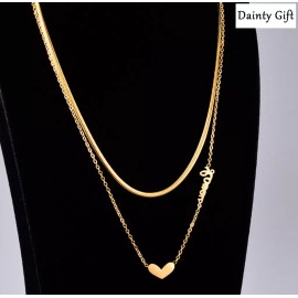 DAINTY Women Gold Plated Titanium Stainless Steel Heart Love Double Chain Necklace