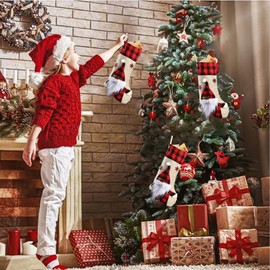 iDIY Christmas Stockings Cozy Red 18" Large 1 Pieces Cotton-Flax Stocking - Santa Burlap Plaid Stocking for Christmas Eve