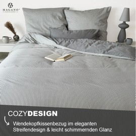 Magano® Luxury Cushion Cover 80 x 80 cm Stripes Grey/White Bamboo & Cotton Satin 400 TC Premium Quality Hypoallergenic and Climate Regulating Reversible Cushion Cover 1 x Pillowcase 80 x 80 cm