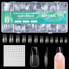 BUTBU Long Coffin Nail Tips, 600Pcs Soft Gel Full Cover Nails-Tips, Clear Acrylic False Press on Nail Tip, 12 Sizes NAIL Extensions Kit for DIY Manicure Art Salon