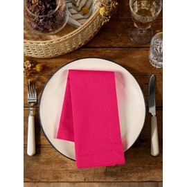 Palisa Cloth Dinner Napkins with Hemstitched Detailing & Mitered Corners Set of 4 (18x18 Inches) Hot Pink - Cotton Reusable Dinner Napkins for Valentines Day, Table Linen for Weddings & Everyday Use