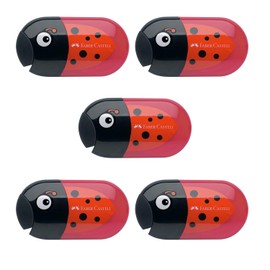 FABER-CASTELL 205258 Double Pencil Sharpener Beetle with Eraser, 5 Sharpeners with Tin, Thick and Thin Pencils