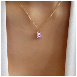 Iaceble Vintage Amethyst Square Necklace Choker Purple Gemstone Pendant Necklace Minimalist Rectangular Crystal Necklace Cz Rhinestone Necklace Jewelry for Women and Girls