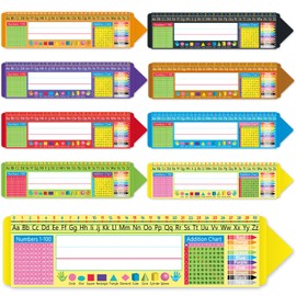 48Pcs Large Crayon Name Tags for Desk Name Plates 14.2 x 3.5Inch Adhesive Multipurpose Nameplate with Alphabet Numbers Colors Shapes Addition Chart for Kids Back to School Classroom Kindergarten Decor