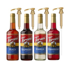 Raspberry, Strawberry, Vanilla & Peach - Syrup Variety Pack - Italian Soda & Coffee Flavoring for Drinks, Four 25.4 Oz Bottles with 4 Jimoco Pump Dispensers