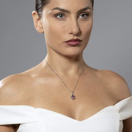 PEORA Created Ruby Pendant Necklace for Women Sterling Silver, Minimalist Titled Heart Design, 1.25 Carats Round Shape 6mm, with 18 inch Italian Chain