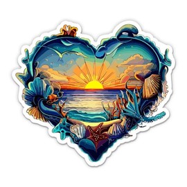 Ocean Sunset Sticker - 3" Laptop Sticker - Waterproof Vinyl for Car, Phone, Water Bottle - Heart Beach Wave Decal
