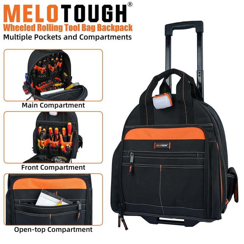 MELOTOUGH LED-Light Rolling Tool bag with Telescoping Handle Heavy Duty