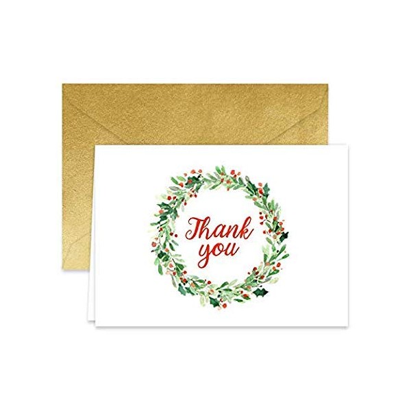 Paper Frenzy Holiday Wreath Thank You Note Cards and Gold Shimmer Envelopes 25 pack
