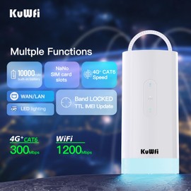KuWFi Outdoor Router, 4G+ Cat6, 300Mbps WiFi, 1200Mbps Dual Band, Gigabit LAN/WAN Port, 4G Modem and Internal Antennas, Plug and Play, Lighting Function, Suitable for Camping Wild
