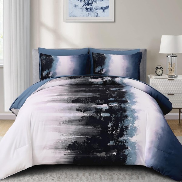 Dinjoy Ombre Blue Comforter Set King Size Gradient Navy Blue