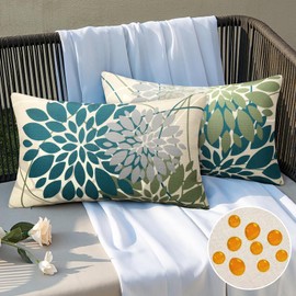 DecorMommt Set of 2 Waterproof Cushion Covers, Outdoor Sofa Cushion, Blue and Green, Dahlia Flower Pattern, Modern Decorative Cushion Covers, Linen for Car, Home, Bed, Office, Cafe, Garden, Living
