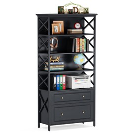 LITTLE TREE Bookcases with 2 Drawers Tall Narrow Bookshelf Retro 5 Tier Bookshelves Heavy Duty Display Book Shelf Organizer with Open Storage Shelves for Living Room, Bedroom, Office Black