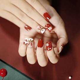 BSLVWG 24 Pieces False Christmas Nails Short, Red Press Nails with Snowman, Pretty Square False Nails Short with Nail Glue, Stick-on Nails for Women, Festival Holiday Nails (01)