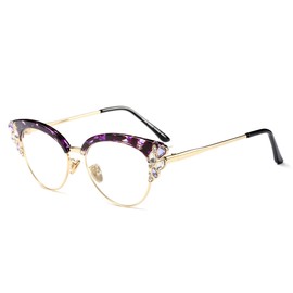 bullabulling Rhinestones Bling Bling Cateye Reading Glasses Women Blue Light Blocking (purple floral, 1.25)