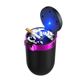 Dickno Car Ashtray with Lid, Detachable Stainless Smokeless Auto Ashtray, Portable Mini Vehicle Trash Can with LED Blue Light, Universal Interior Accessories for Cup Holder (Purple)