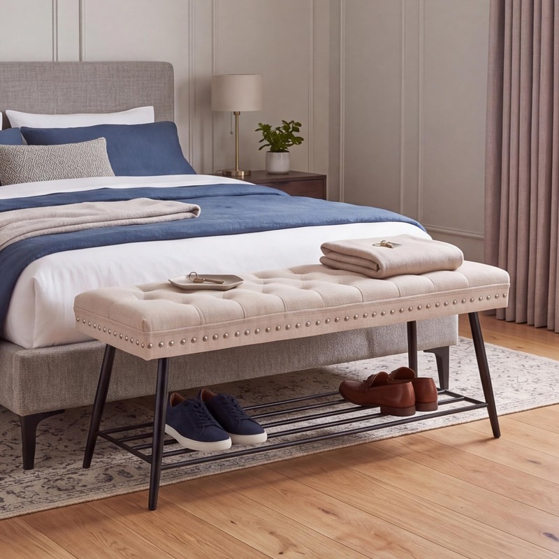 Thick Cushioned Shoe Bench, Entryway Bench with Metal Shoe Rack,