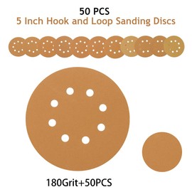 SUPBICCO 5 Inch 8 Hole Sanding Discs Hook and Loop, 50 PCS 180 Grit Sand Paper Pads for Random Orbital Sander, Gold Sandpaper Disc for Automotive and Woodworking