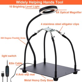 Helping Hands Soldering Station Tool with 6X Magnifying Glass, Dimmable LED Light can Adjustable Brightness and Color, Third Hand Holder with Metal Base and 4 Flexible Arms for Electronic Repair