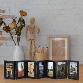 Sintuff 8 x 10 Picture Frames Hinged Fold Photos Frame Collage Vertical with Acrylic Opening Wood Desk Photo Rustic Multiple Desk Family Picture Collage Wedding Supplies (7 Fold Style,4x6inch,Black)
